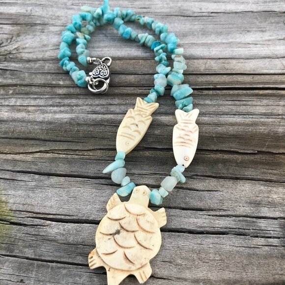 Southwestern Amazonite Gemstone Necklace Handmade Fish Pendant Silver Turtle - Picture 2 of 9